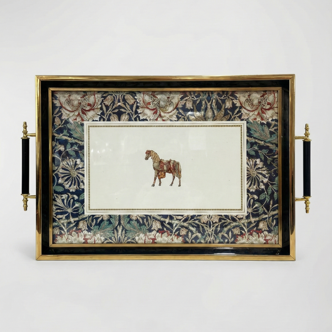 Vintage Çiçek Desenli Gold Kenarlı Dekoratif Tepsi (41x28)